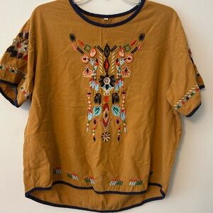 Embroidered Mustard Women’s Top - Boho Short Sleeve